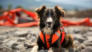 AI generated Dedicated search and rescue dog in signal vest on building ruins with text space for placement photo