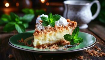 AI generated Scrumptious coconut cream pie with creamy filling and shredded coconut on rustic wooden background photo