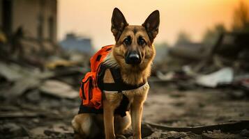 AI generated Search and rescue dog in signal vest exploring building ruins with blurred background and copy space photo