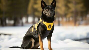 AI generated Rescue dog in signal vest on snowy mountain with blurred background, copy space, and determined look photo