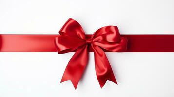 AI generated Festive red ribbon bow on long straight ribbon, isolated on white background with text space photo