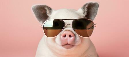 AI generated Happy piggy in stylish outfit poses on pastel background for fashion shoot with text space photo