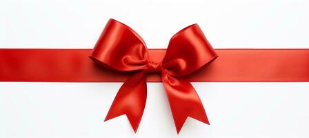 AI generated Red ribbon bow with straight border for holiday banner, isolated on white background with text space photo