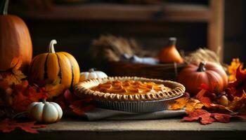 AI generated Scrumptious homemade pumpkin pie with autumnal spices on a charming rustic wooden background photo