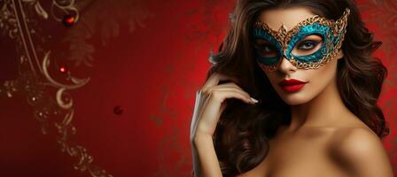 AI generated Colorful carnival mask on young woman with copy space on solid background for text placement photo