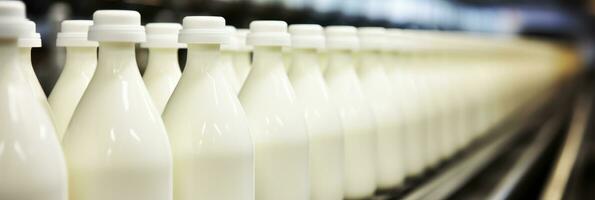 AI generated Industrial machinery filling milk and yogurt into plastic bottles at a modern dairy processing plant photo