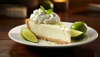 AI generated Key lime pie on rustic wooden background with fresh lime slices and whipped cream topping photo