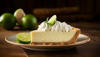 AI generated Deliciously tangy key lime pie with a creamy filling, presented on a rustic wooden background photo