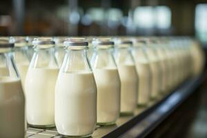 ai generado automatizado proceso de relleno Leche o yogur dentro el plastico botellas a un moderno lechería fábrica foto