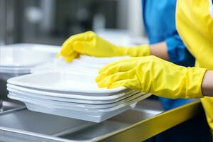 AI generated Black woman washing white tableware in bright industrial kitchen wearing yellow gloves photo