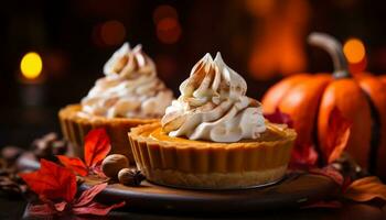 AI generated Deliciously baked pumpkin pie with a mouthwatering golden crust on a rustic wooden background photo