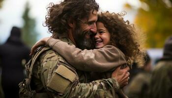 ai generado conmovedor militar reunión amoroso padre y hija compartir un reconfortante y cariñoso abrazo foto