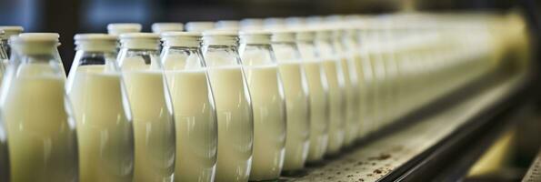 ai generado automatizado proceso de relleno Leche y yogur dentro el plastico botellas a un estado de el Arte lechería planta foto