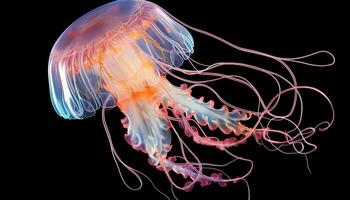 ai generado vibrante naranja campana Medusa graciosamente flotante en el cristal claro aguas de el Oceano foto