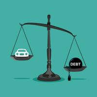 Debt and car scales on the idea that there is not enough money for car debt. Vector