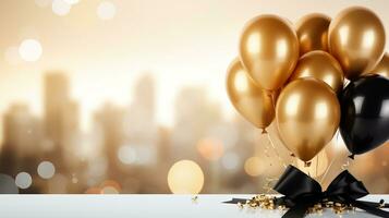 AI generated Golden and black metallic balloons with confetti and ribbons on blurred background for events photo