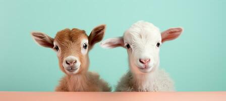AI generated Styled happy goats on pastel color background studio fashion shot with copy space for text placement photo