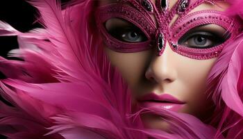 AI generated Elegant young woman in vibrant carnival mask with copy space on bright solid color studio background photo