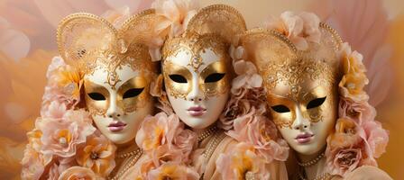 AI generated three women in venetian carnival costumes on vibrant background   studio shot with space for text photo