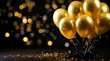 AI generated Festive card with metallic balloons, confetti, and ribbons on blurred background for all occasions. photo