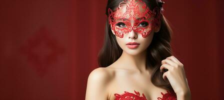 AI generated Colorful carnival mask on solid background with ample text space and a stylish woman wearing it photo