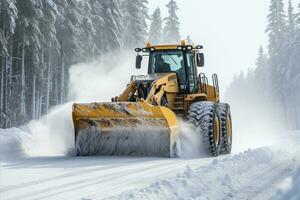 AI generated Efficient snow blower vehicle effectively clearing snow from the road during the winter season photo