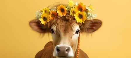 AI generated Styled happy dairy cattle isolated on pastel color background   studio fashion shot with copy space photo