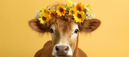 AI generated Styled happy dairy cattle isolated on pastel color background   studio fashion shot with copy space photo