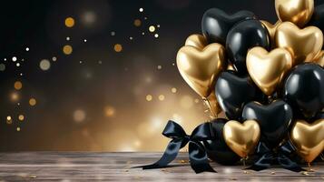 AI generated Golden and black metallic balloons on blurred background for festive celebrations and events. photo