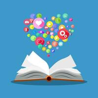 Open books and heart shaped communication icons. Knowledge can create a good life. The book changed lives. illustration vector