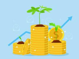 Coins stacks.currency and plant seedlings on top with vector illustration.growth chart background Financial concepts eps