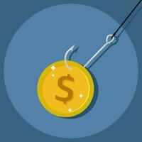 A dollar coin on a fishing hook. The victim is money. Business strategy concepts eps vector