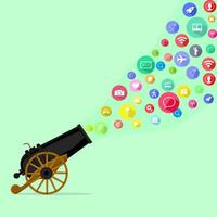 Ancient horizontal cannon and communication.social media marketing strategy. Data upload vector