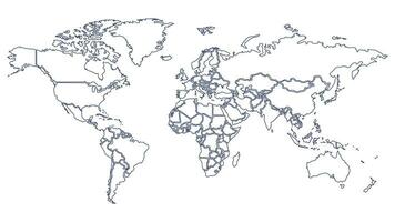 World map with country borders. thin blue outline on white background. Vector Illustration