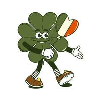 Happy Saint Patricks Day retro sticker. Funky groovy cartoon character walking clover with four leaf. Vintage funny mascot patch psychedelic smile and emotion. Comic trendy vector illustration