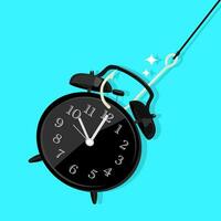 clock hung on a fish hook. Time trap and do not waste time concept. vector illustration