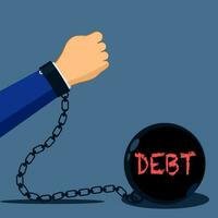 businessman chained and shackled to a big debt weight. Holding and dragging heavy ball in arms vector