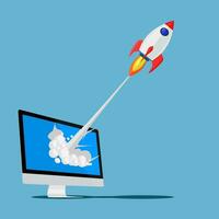 Rocket from the computer screen. Vector Illustration. Concept of business start-up