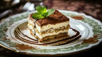 ai generado café plato Tiramisu comida foto