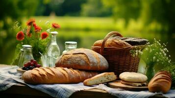 ai generado pan un pan picnic comida foto