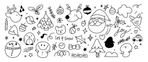 Merry Christmas and winter season doodle element vector. Set of bauble ball, snowman, reindeer, santa, tree, bear, bird, penguin, car, leaf, holly. Happy holiday collection for kids, decorative. vector