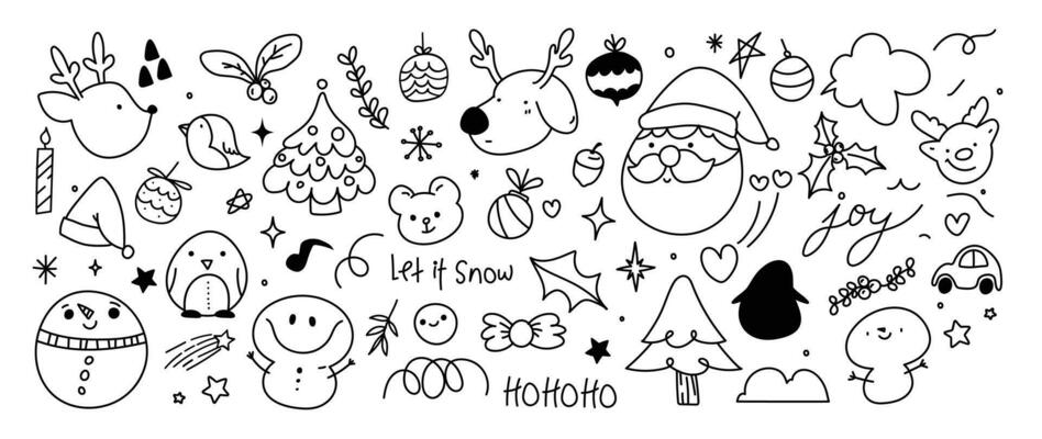 Merry Christmas and winter season doodle element vector. Set of bauble ball, snowman, reindeer, santa, tree, bear, bird, penguin, car, leaf, holly. Happy holiday collection for kids, decorative.