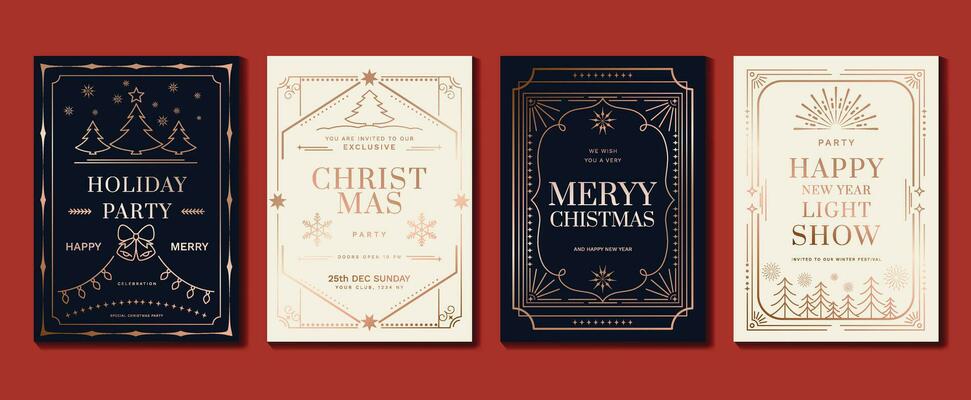 Luxury christmas invitation card art deco design vector. Christmas tree, bell, snowflake, firework line art on dark and light background. Design illustration for cover, print, poster, wallpaper.