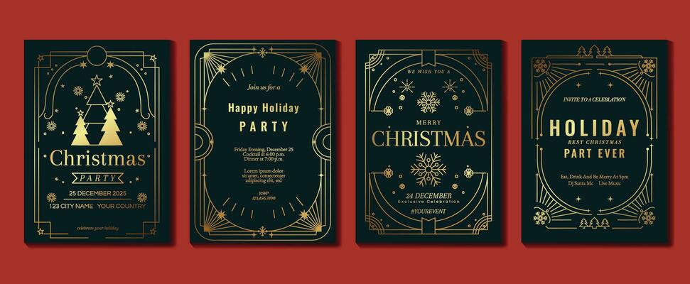 Luxury christmas invitation card art deco design vector. Christmas tree, bell, snowflake, firework line art on dark and light background. Design illustration for cover, print, poster, wallpaper.