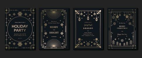 Luxury christmas invitation card art deco design vector. Christmas tree, bell, snowflake, firework line art on dark and light background. Design illustration for cover, print, poster, wallpaper. vector