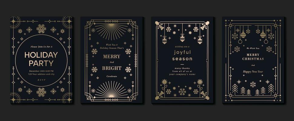 Luxury christmas invitation card art deco design vector. Christmas tree, bell, snowflake, firework line art on dark and light background. Design illustration for cover, print, poster, wallpaper.