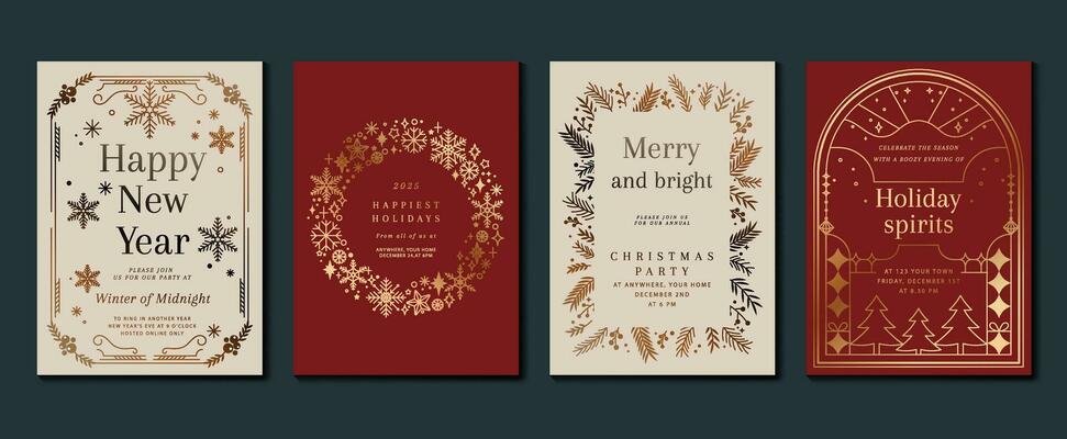 Luxury christmas invitation card art deco design vector. Christmas tree, foliage, snowflake, berry line art on red and white background. Design illustration for cover, poster, wallpaper.