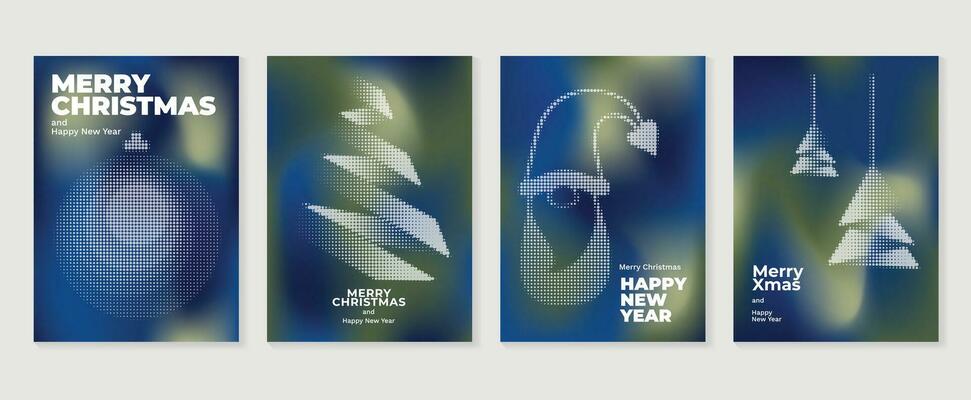 Merry christmas concept posters set. Cute gradient holographic background vector with vibrant color, christmas tree, santa, ball. Art trendy wallpaper design for social media, card, banner, flyer.