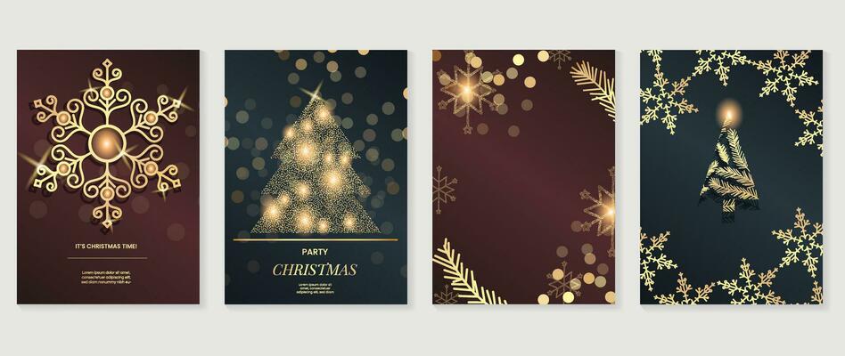 Luxury christmas invitation card art deco design vector. Christmas tree, snowflake,  pine leaves line art, bokeh on brown and blue background. Design illustration for cover, print, poster, wallpaper.