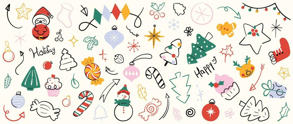 Merry Christmas and winter season doodle element vector. Set of bauble ball, snowman, reindeer, santa, tree, candy cane, cupcake, arrow, gingerbread. Happy holiday collection for kids, decorative.